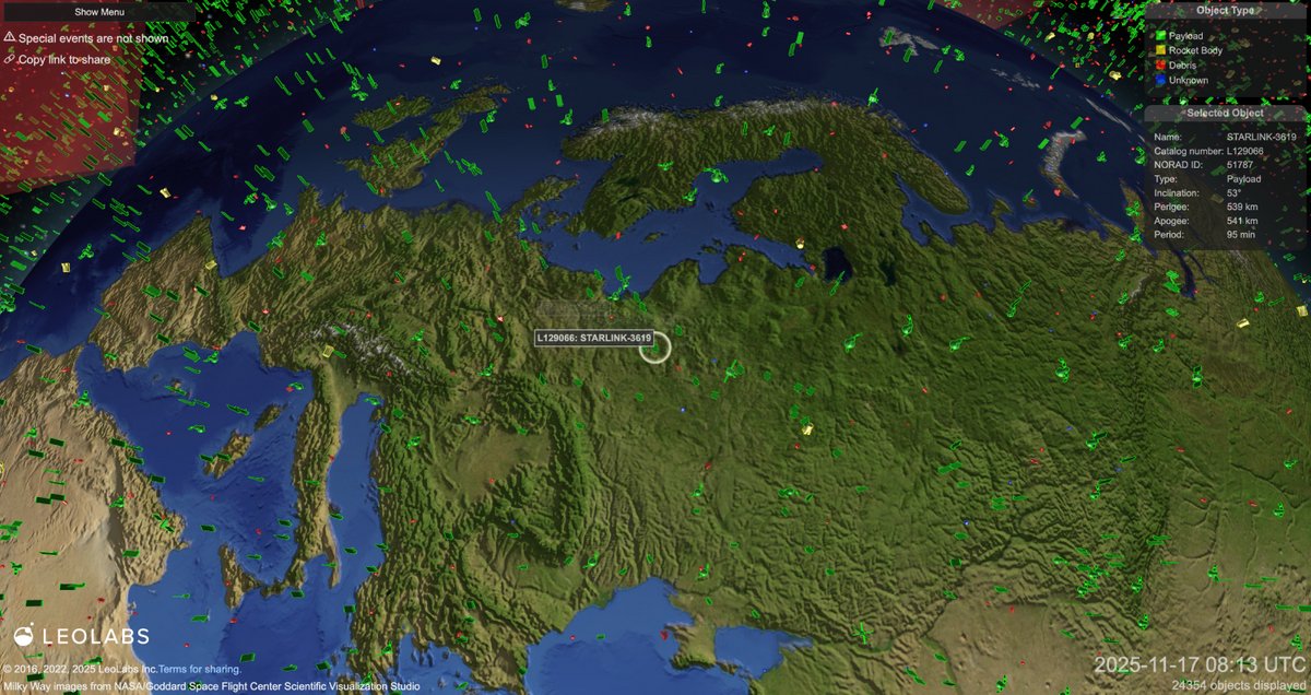 Ici, on suit un satellite Starlink alors qu'il passe au-dessus de l'Europe de l'Est. ©Capture d'écran / LeoLabs