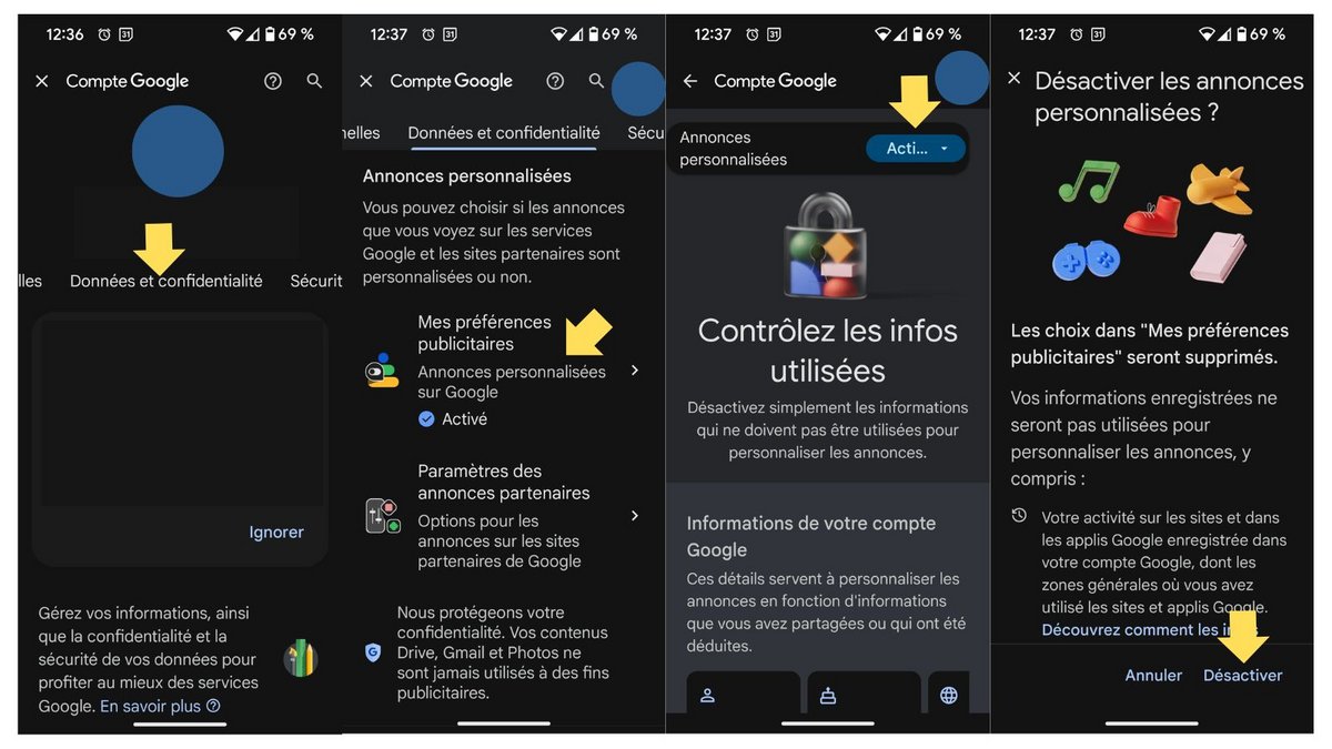 Désactivez les pubs personnalisées. ©Google