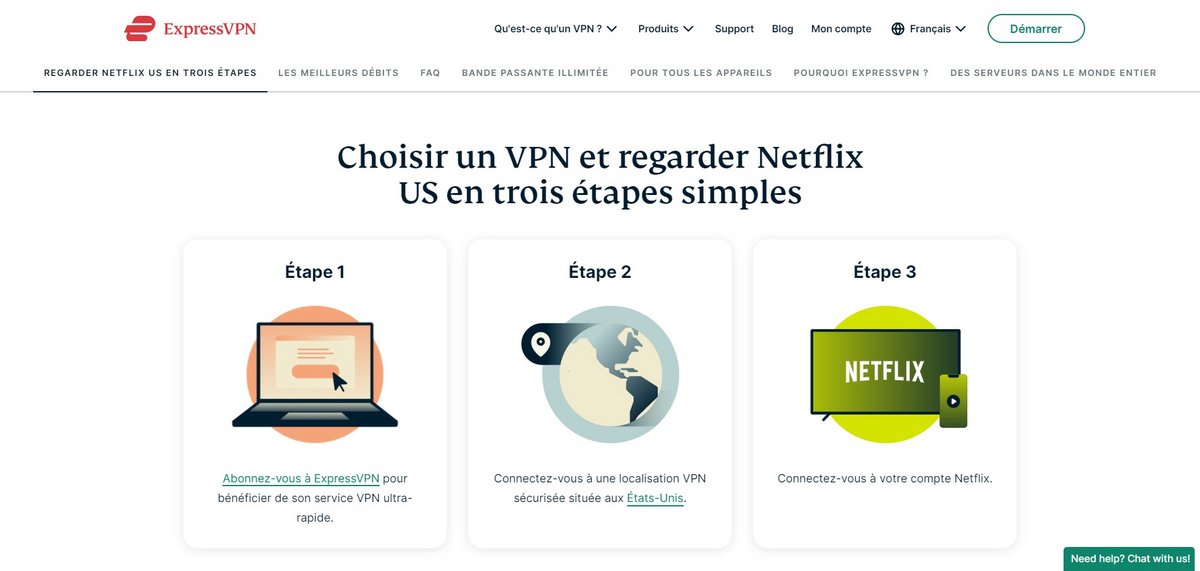 Sur la version française d'ExpressVPN, l'avantage de voir la version US de Netflix est en effet exhibé (Capture d'écran Clubic)