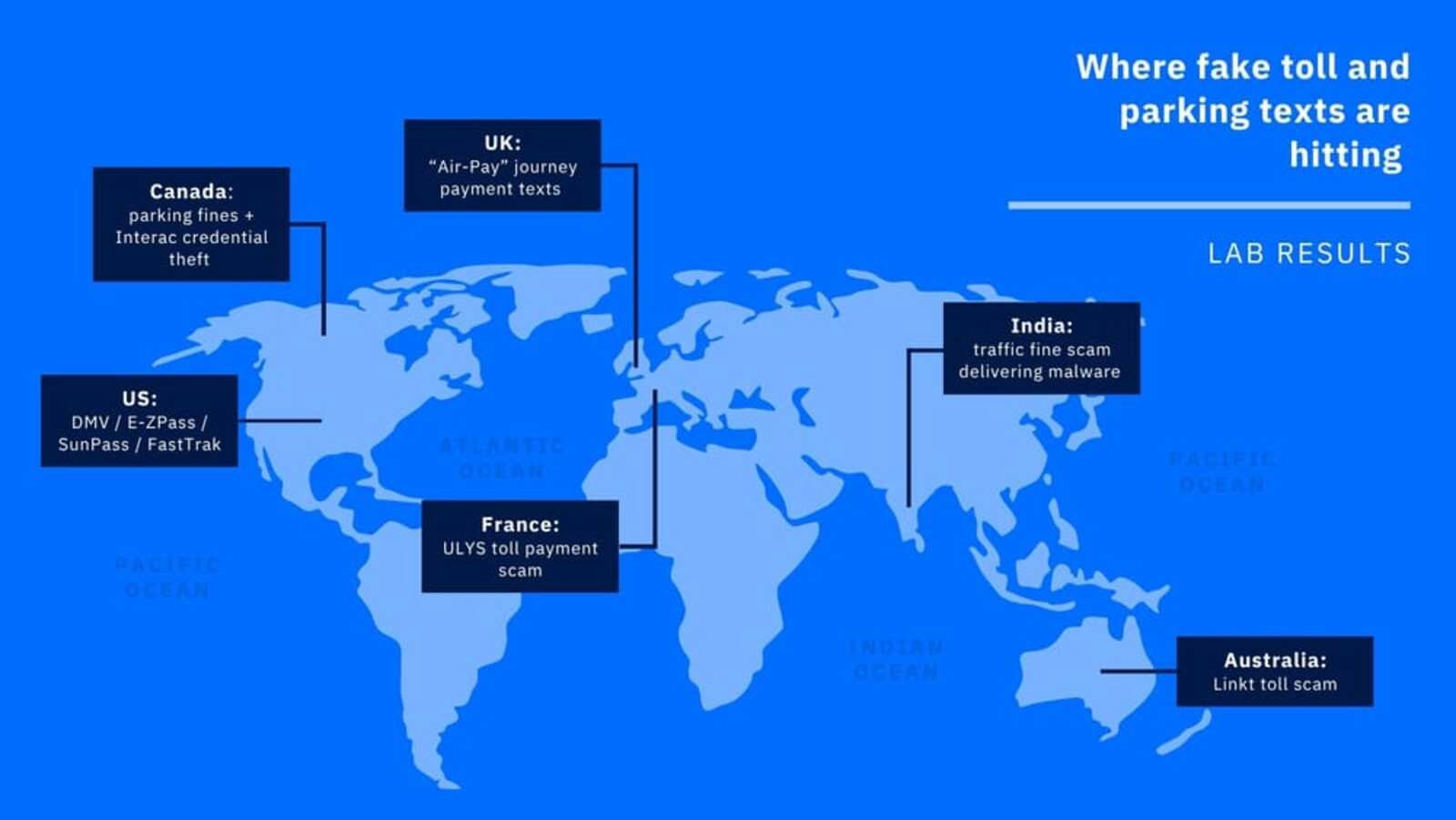 La carte de diffusion mondiale des arnaques au péage. © Bitdefender