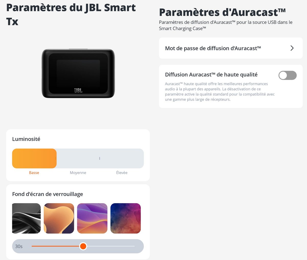 Outre les nombreux réglages et ajustements sur le casque, l'application JBL Headphones est capable de personnaliser le boitier Smart Tx, ainsi que les paramètres de diffusion Auracast. © Clubic