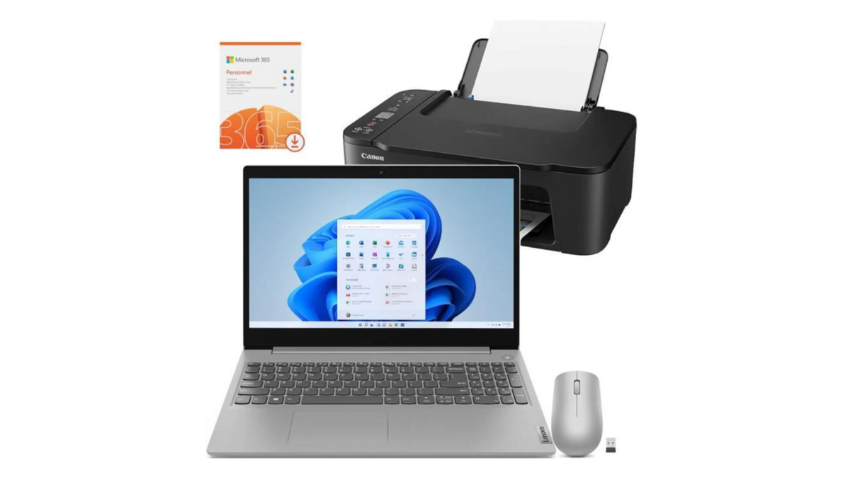 Le pack comprenant le PC portable Lenovo IdeaPad 3 + l'imprimante Canon Pixma TS3450 + souris Lenovo 530