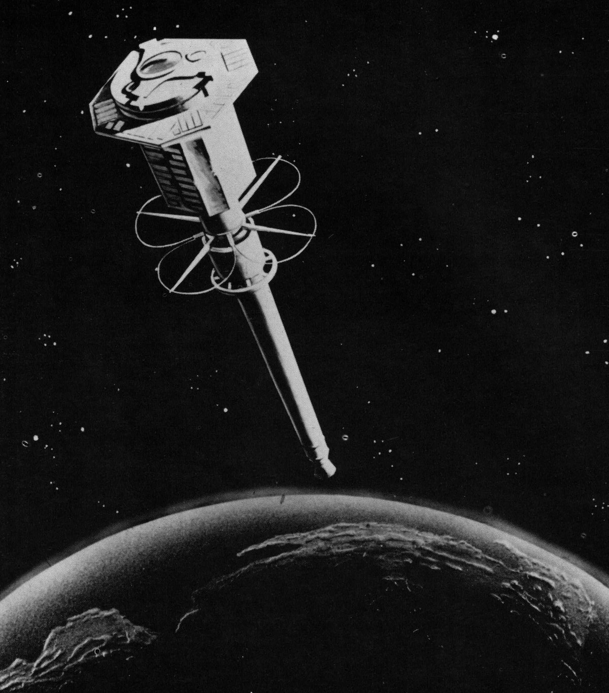 Vue d'artiste d'Explorer 11 à son apogée orbitale. Un concept très ambitieux pour son époque. Crédits NASA.