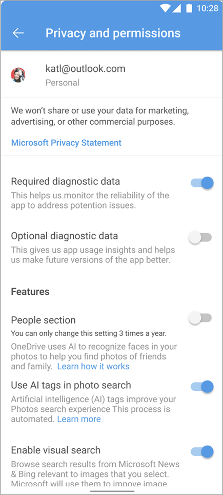 OneDrive reconnaissance faciale