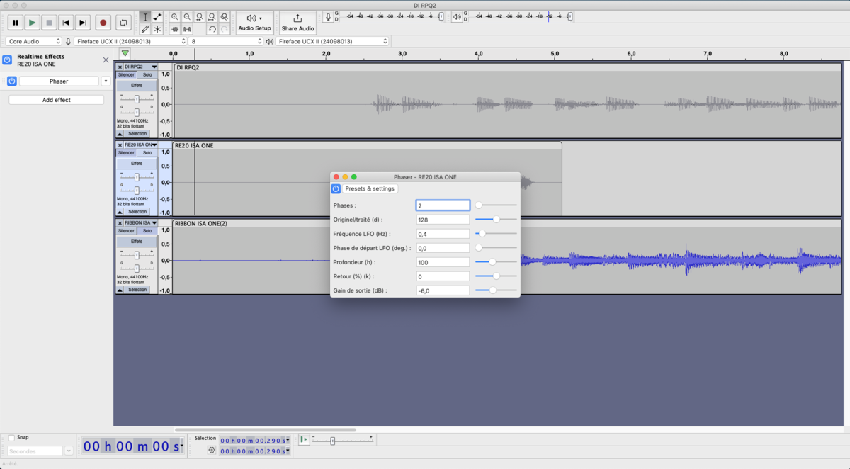 Fenêtre des effets en temps réel d'Audacity affichant les réglages d'un effet de phaser appliqué à une piste audio sélectionnée.