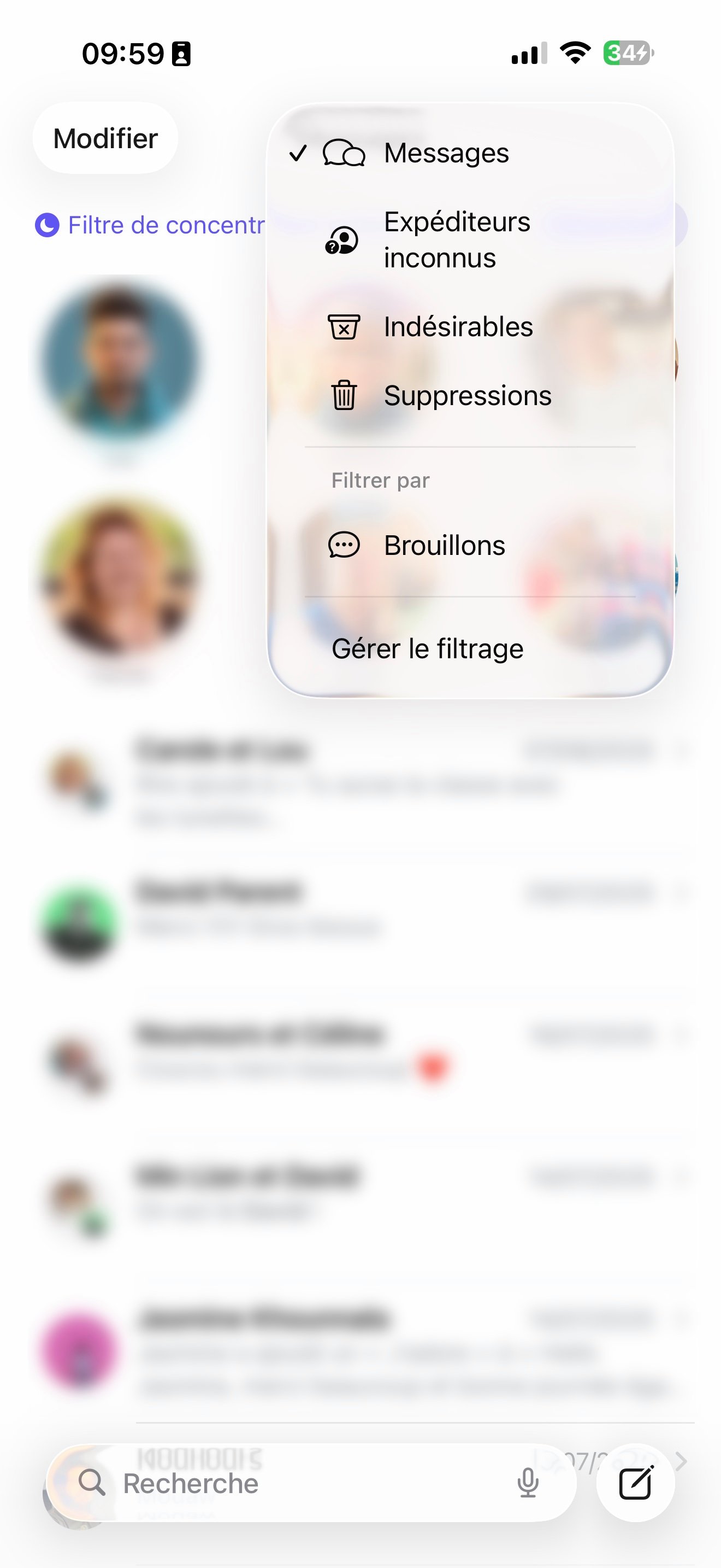 Filtres Brouillons Messages iOS 26