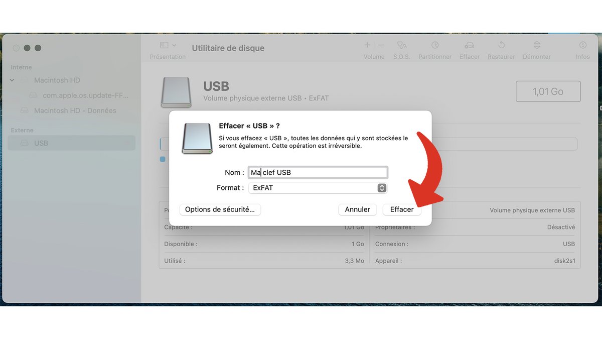 Lancement du formatage d’une clef USB exFAT sous macOS © Pascale Duc pour Clubic