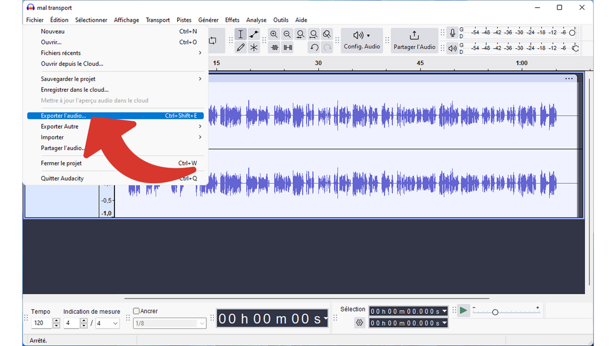 Aller dans le menu pour exporter l'audio © Clubic