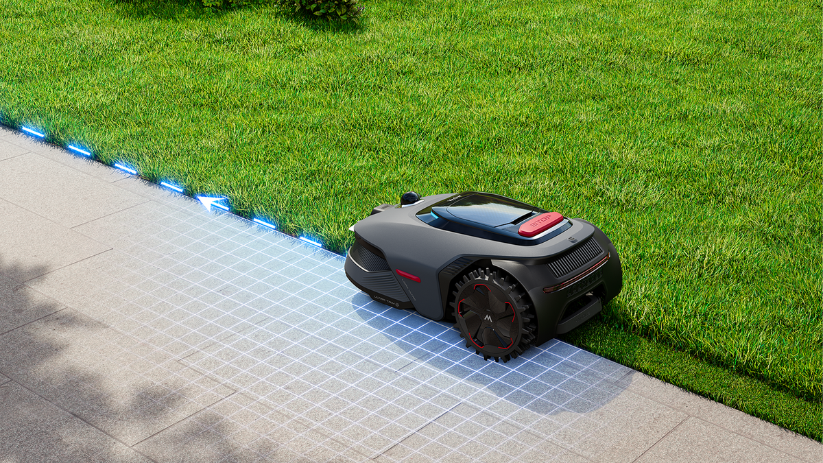 Grâce à la technologie UltraTrim 1.0, le robot tond au ras des bordures, franchit des pentes à 45% et des obstacles de 4 cm, même dans les passages étroits. ©MOVA