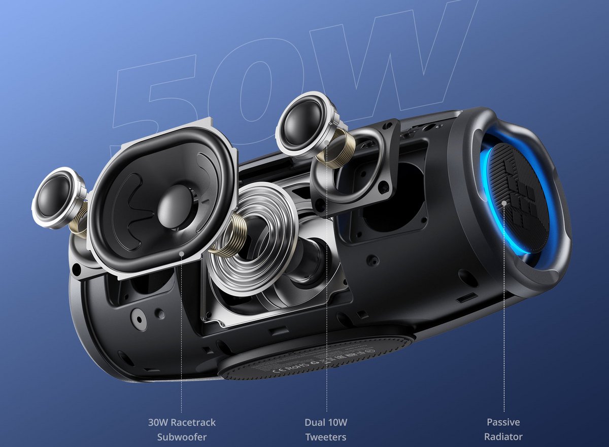 Un imposant woofer de 30 watts (W) et deux tweeters de 10W assurent un bon rendu audio. ©Tronsmart
