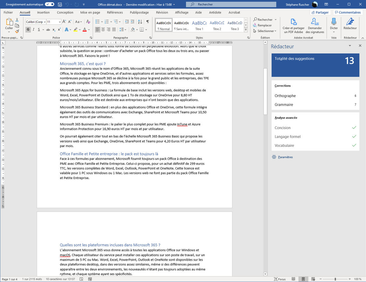 Le Rédacteur, une des nouveautés de Word dans Microsoft 365