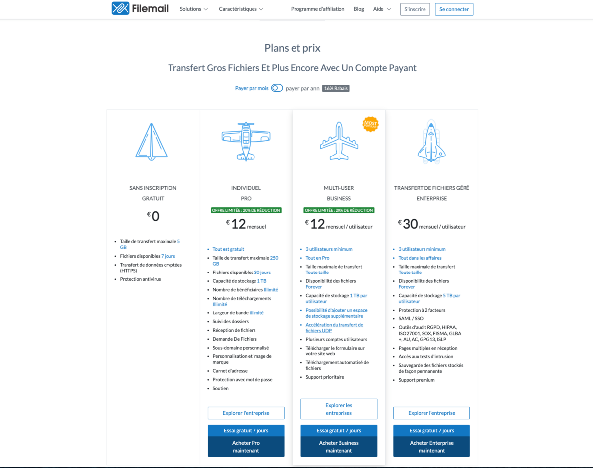 Filemail - Un offre gratuite et trois payantes