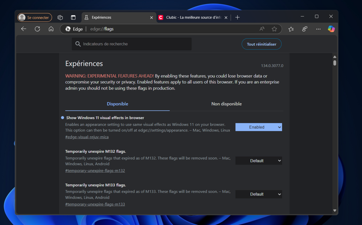 Après avoir été retirés sans explication par Microsoft, les effets Mica sont de retour dans les flags sur Edge © Clubic