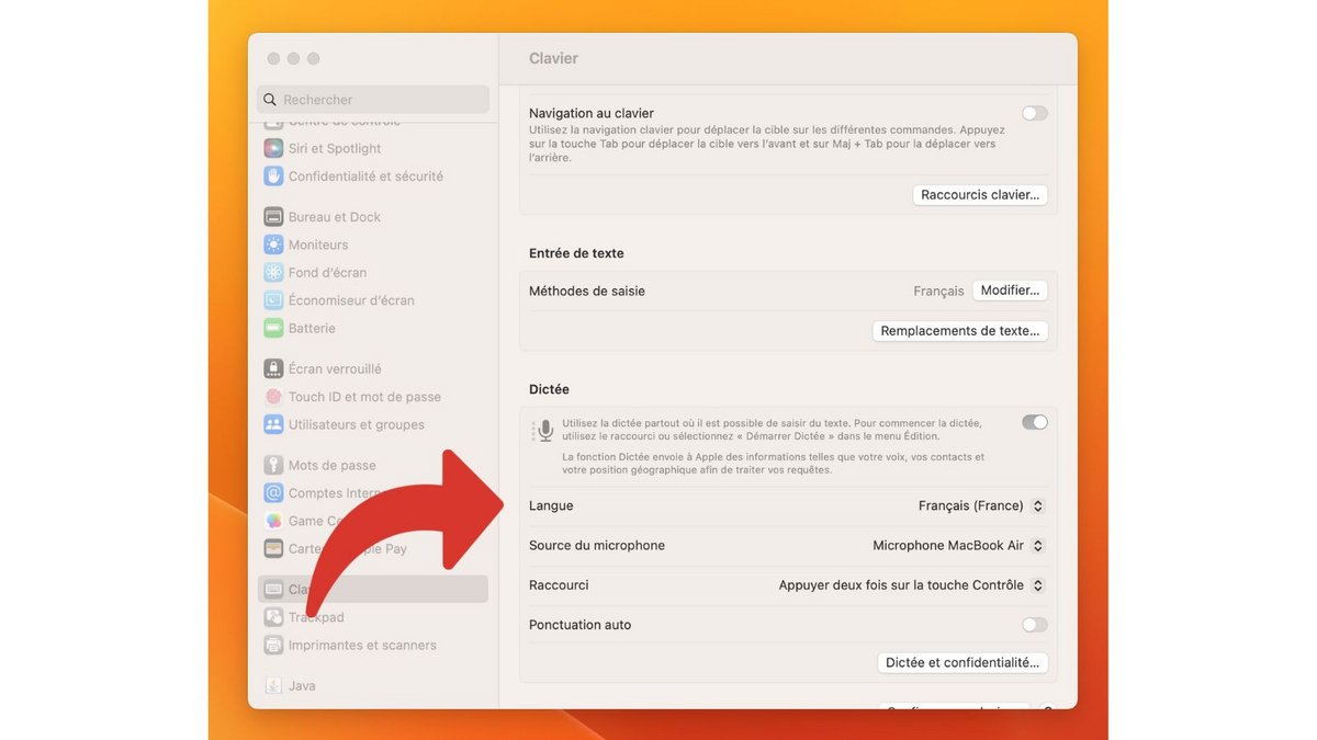 Configuration des paramètres de la dictée vocale sur macOS © Clubic