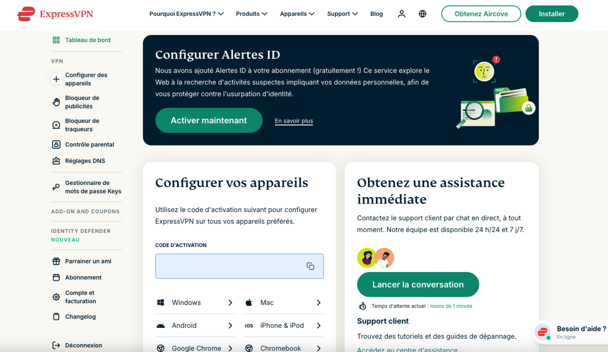 ExpressVPN - La console de gestion en ligne. © Clubic