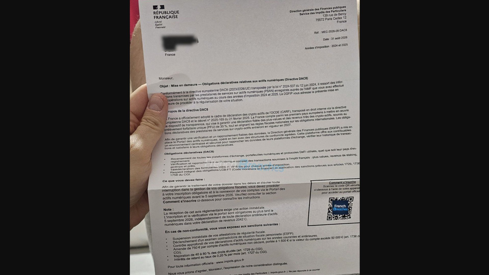 Le fameux courrier envoyé par des escrocs, qui se font passer par la DGFiP. © Sébastien Forte / FrenchBreaches
