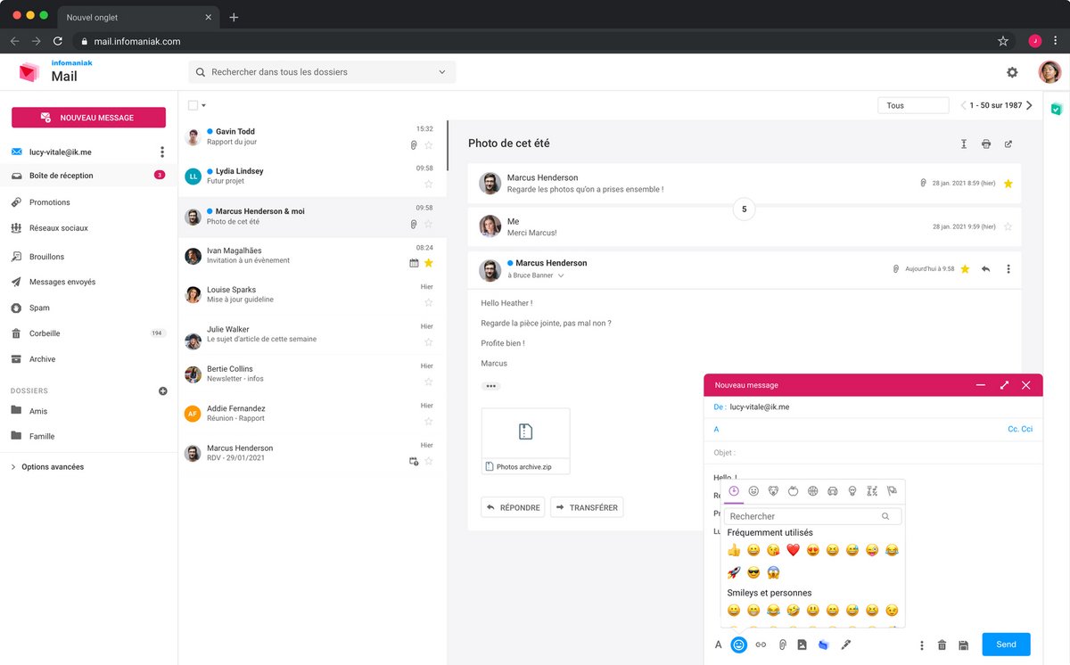  Ajout d'emoji dans un message sur Infomaniak Mail. © Infomaniak