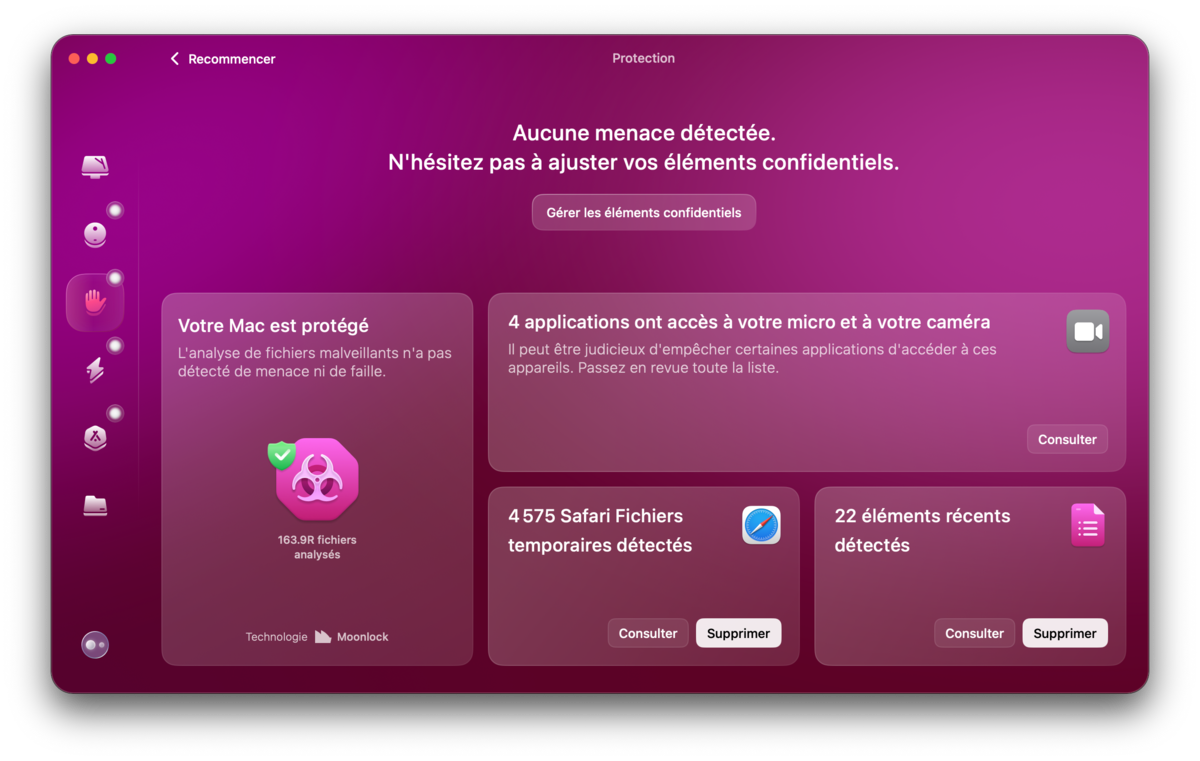 CleanMyMac - après un scan de l'outil Protection