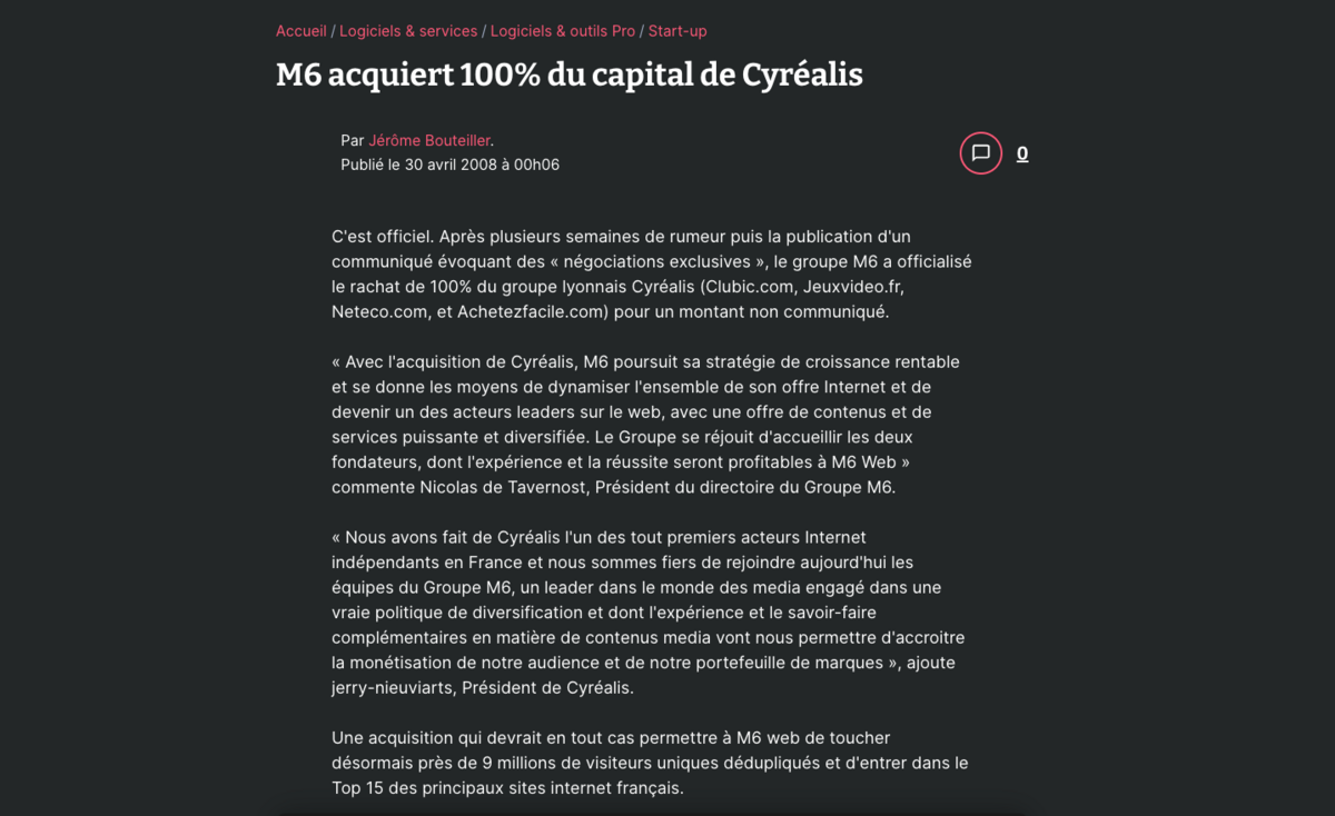 L'annonce du rachat de M6 Web