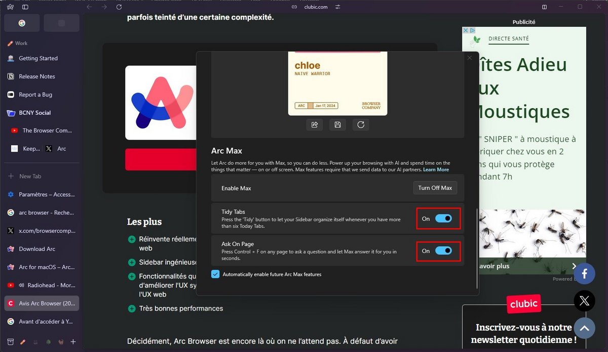 Arc Browser - activez les options "Tidy Tabs" et "Ask On Page" © Chloé Claessens 