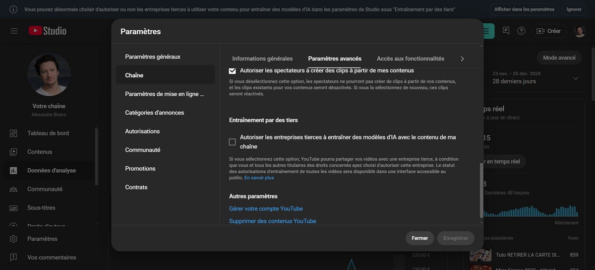 Le message qui apparaît sur YouTube Studio au sujet des vidéos qui entraînent les modèles d'IA © Alexandre Boero / Clubic