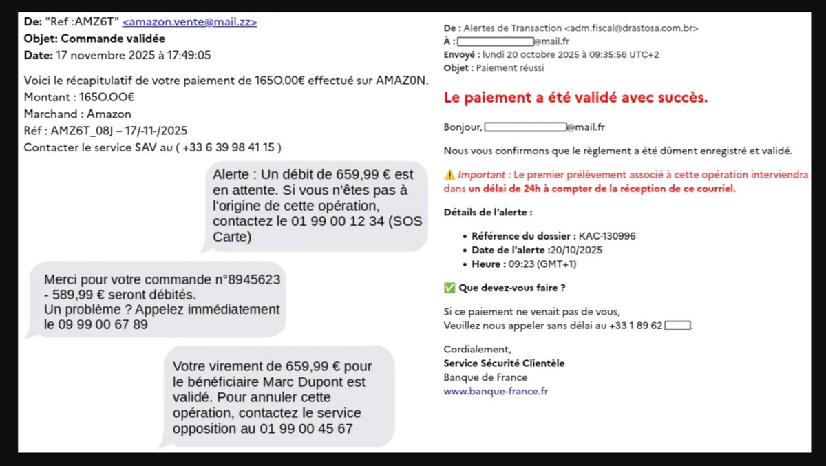 Voici quelques exemples de SMS et e-mails frauduleux. © Cybermalveillance.gouv.fr