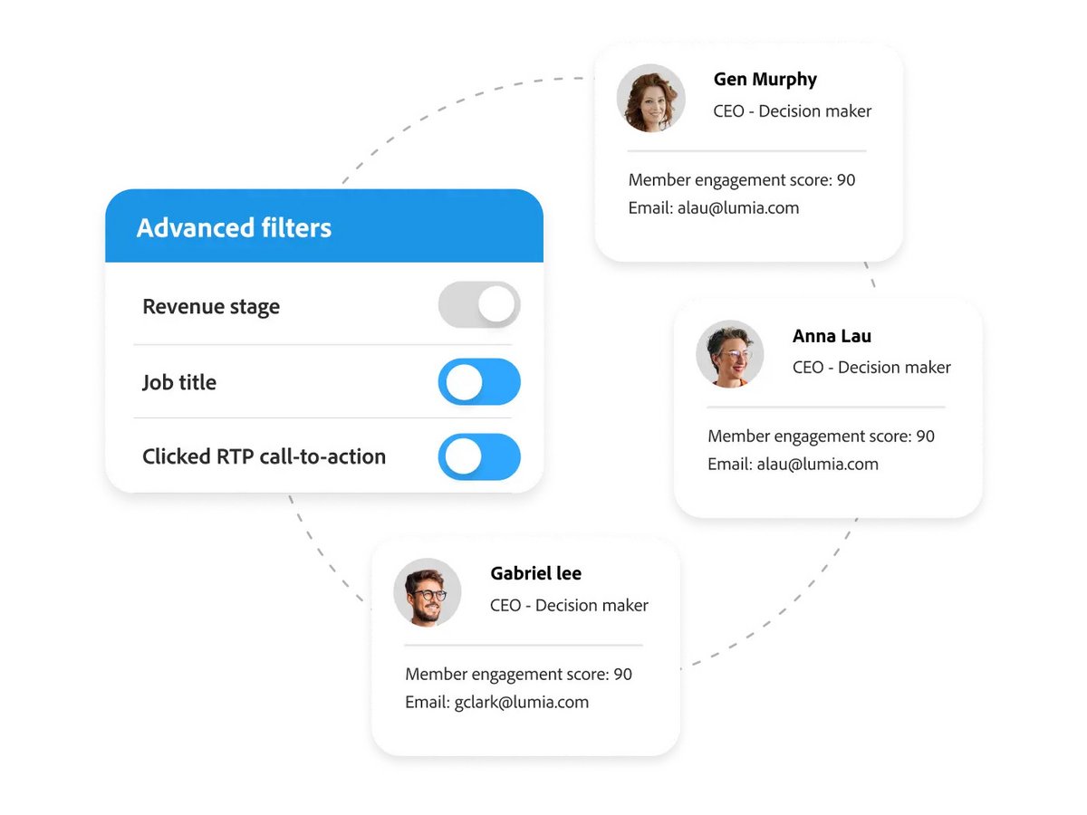 Créez des segments précis pour vos campagnes en collectant automatiquement des données et en enrichissant en continu des profils client, qu'il s'agisse de leads ou de comptes - © Adobe