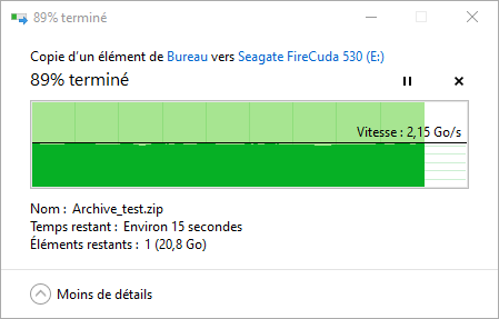 Débits observés en écriture sur une copie « simple » via Windows 10 © Nerces