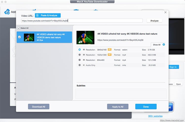 Interface de MacX YouTube Downloader affichant l’analyse d’un lien YouTube, avec choix des résolutions et formats vidéo ou audio avant téléchargement. - © MacX YouTube Downloader
