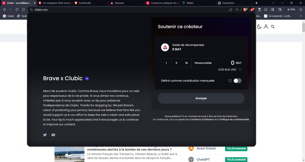 Brave - Contribuez manuellement à la rémunération des sites