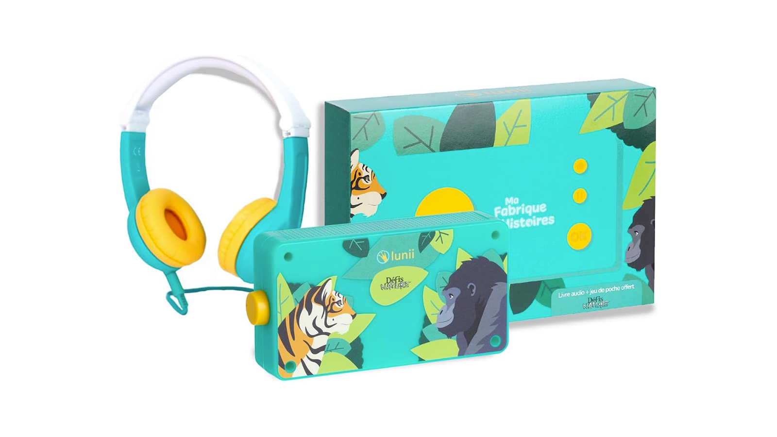 La Fabrique à Histoires de Lunii édition Défis Nature avec casque filaire et livre audio