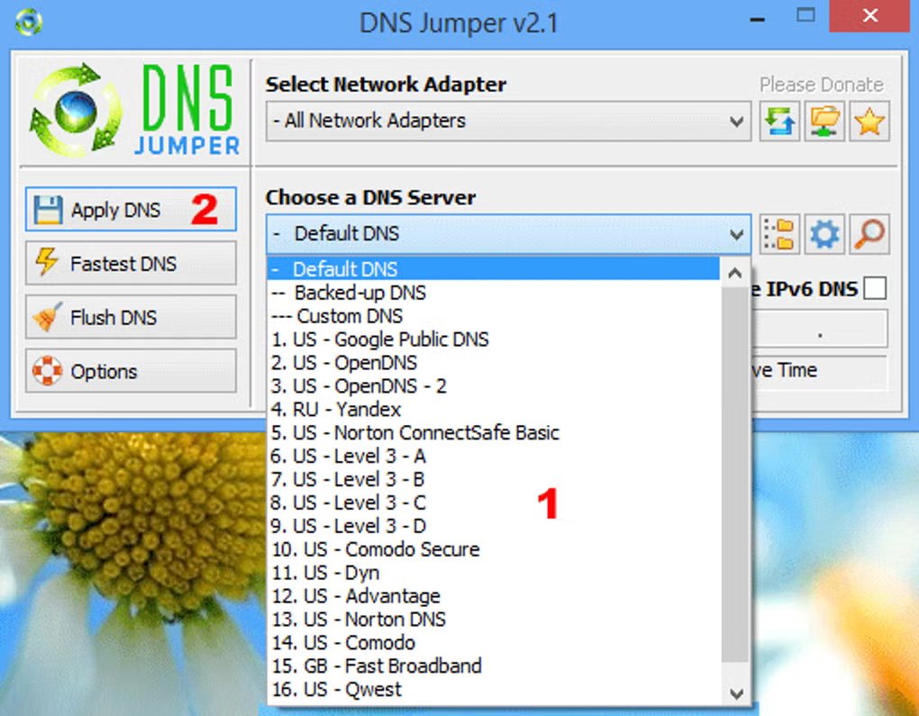 Interface principale de DNS Jumper, avec sélection rapide des serveurs DNS. - © DNS Jumper