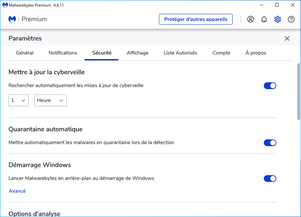 Malwarebytes Premium - Paramètres de sécurité