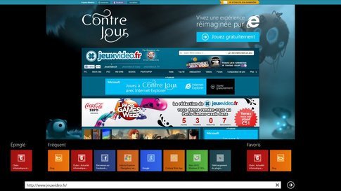 Internet Explorer 10 Metro ici avec sa barre d'adresses et les favoris