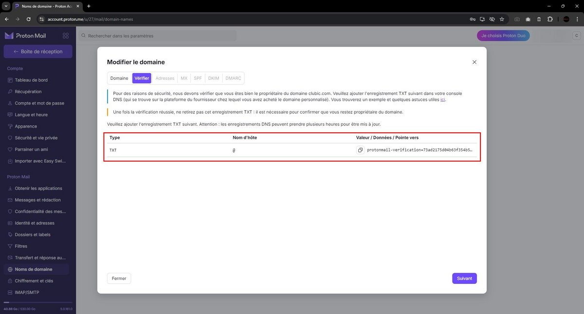 Copiez les informations TXT dans la console DNS de votre fournisseur de noms de domaine © Clubic