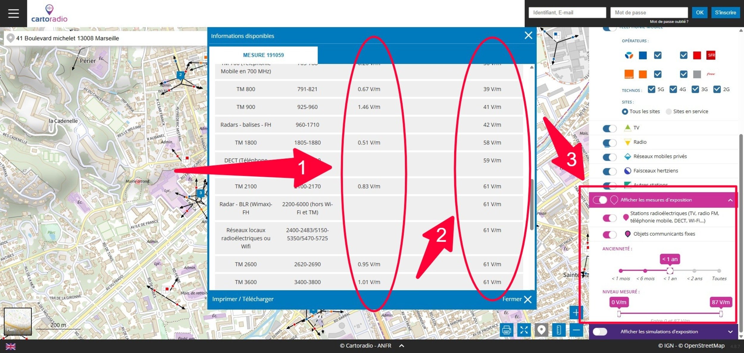 Sur le point 1, vous voyez les mesures effectuées, sur le point 2, les valeurs limites réglementaires, et sur le point 3, le petit encart qui permet de piloter sur la carte sur les mesures d'exposition aux ondes. © Alexandre Boero / Clubic