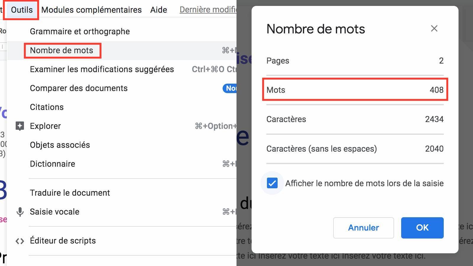 nombre de mots Google Docs