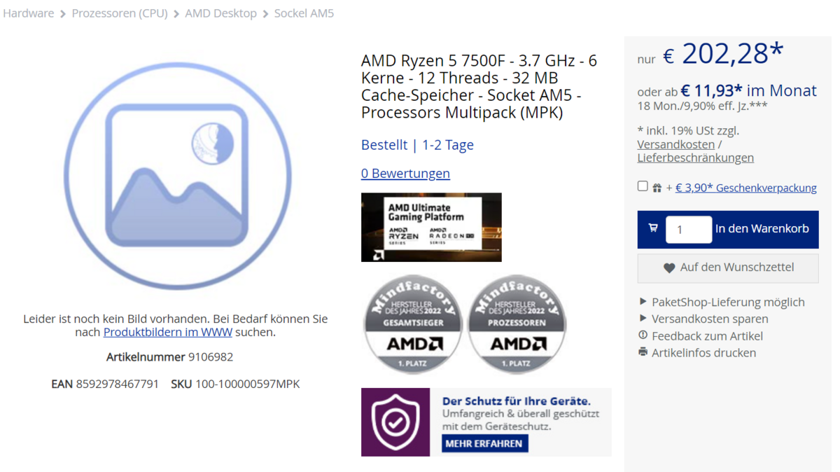 Prix allemands AMD Ryzen 5 7500F