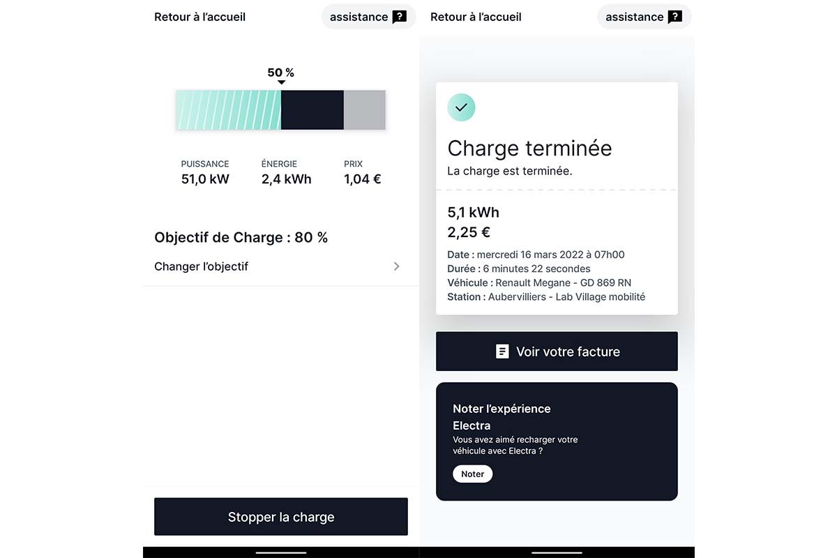 Troisième étape : la charge se lance avec toutes les infos essentielles en temps réel. La fin de charge se fait depuis l'application ou sur la borne