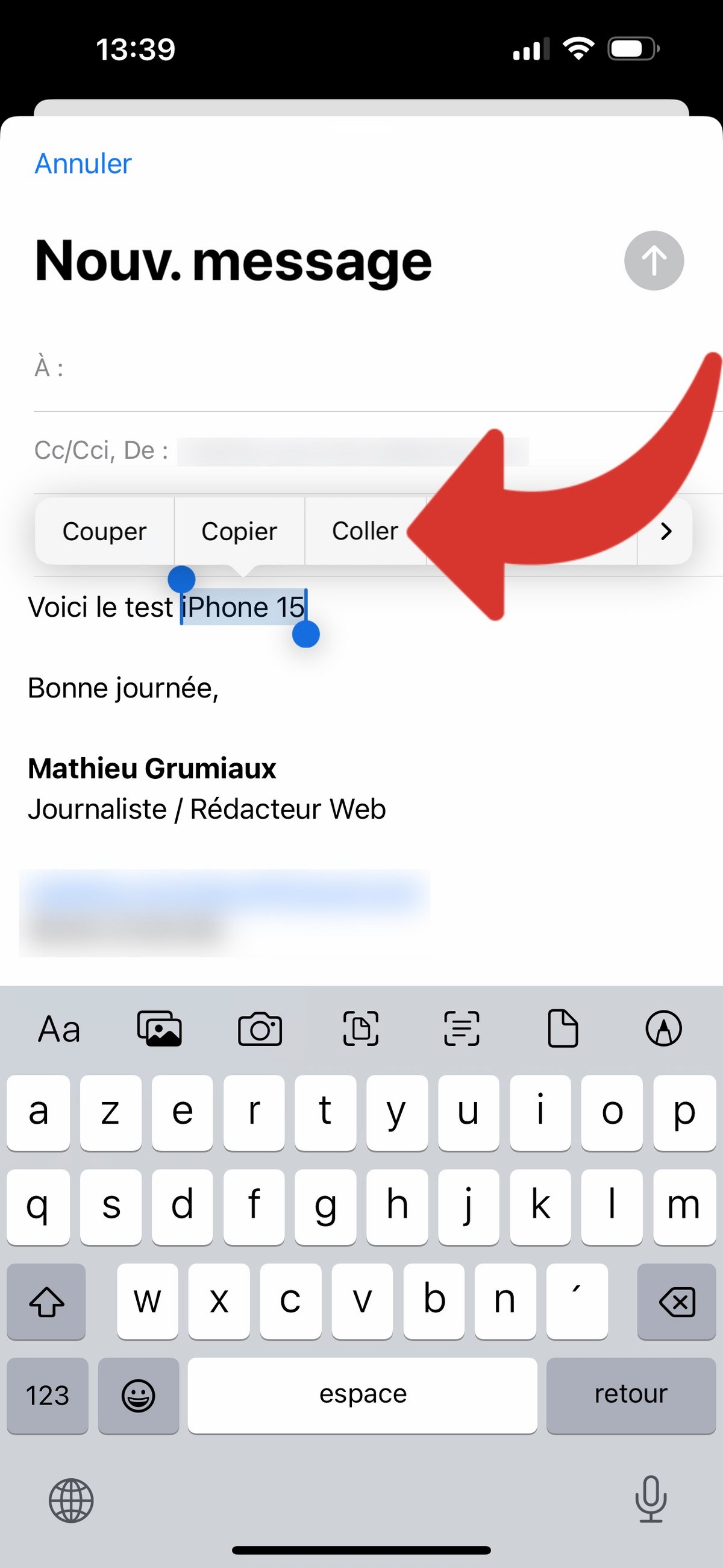 iOS Mail copie lien