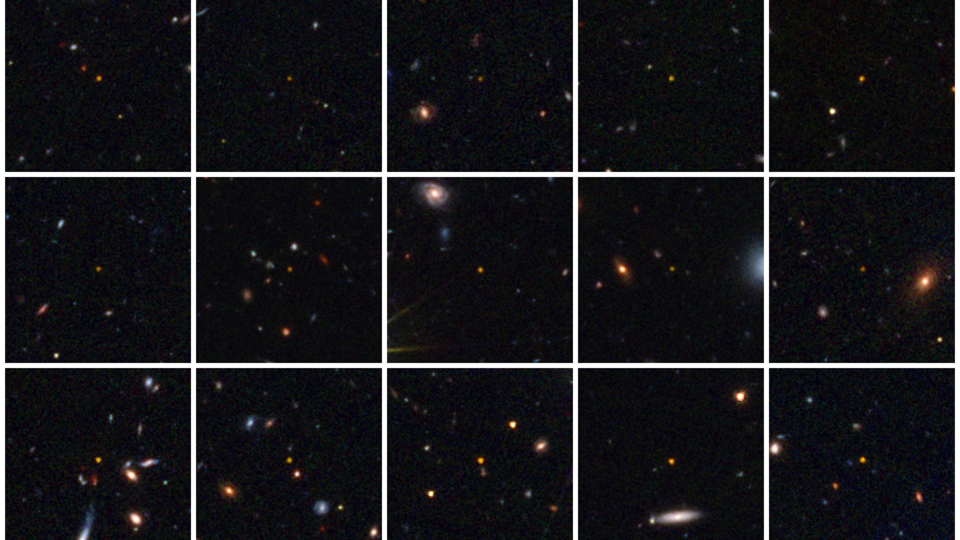 Voici 15 des 31 quasars découverts par Euclid, ils se situent au centre de chaque image. © ESA/Euclid/Euclid Consortium/NASA