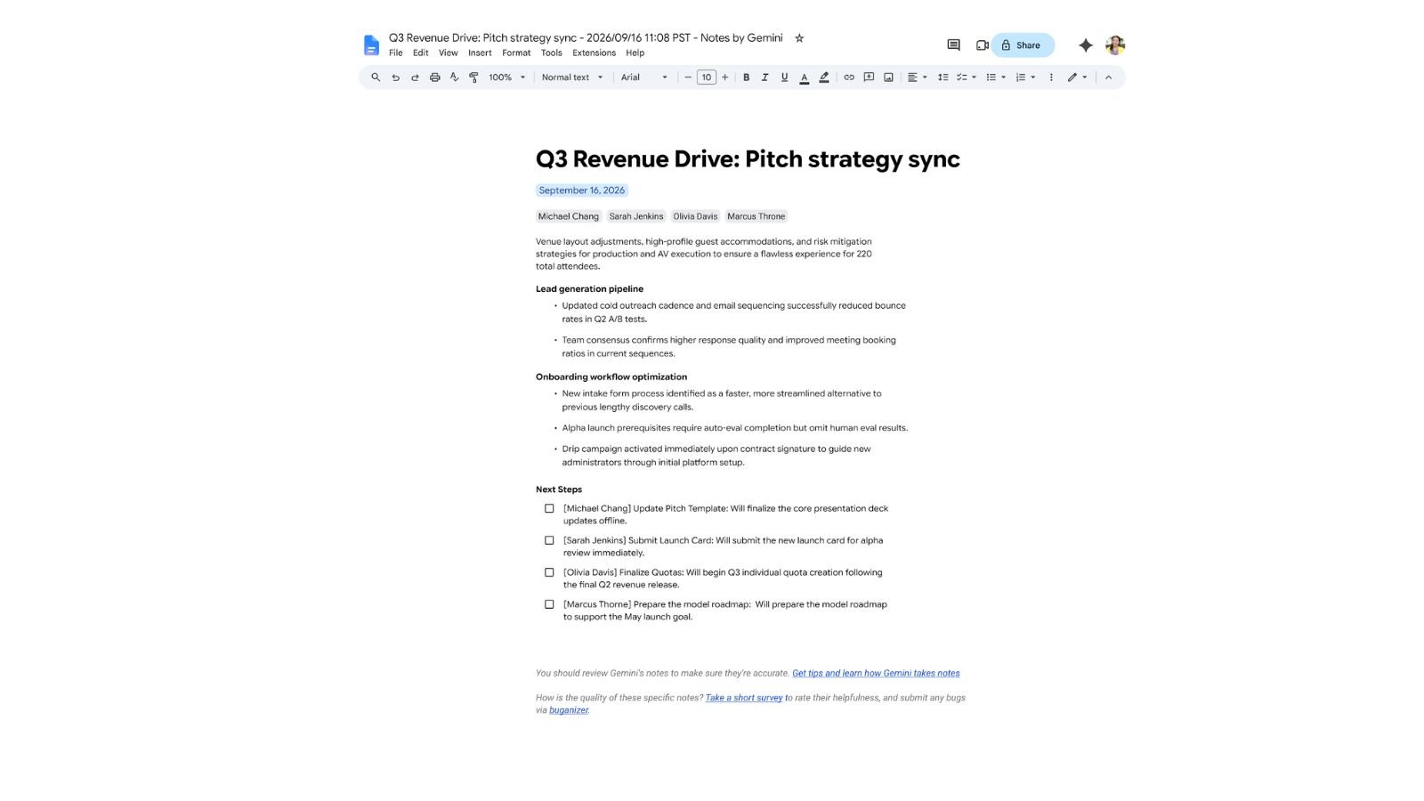 Google lance la fonction « Quick Notes » qui résume les réunions en une seule page. ©Google