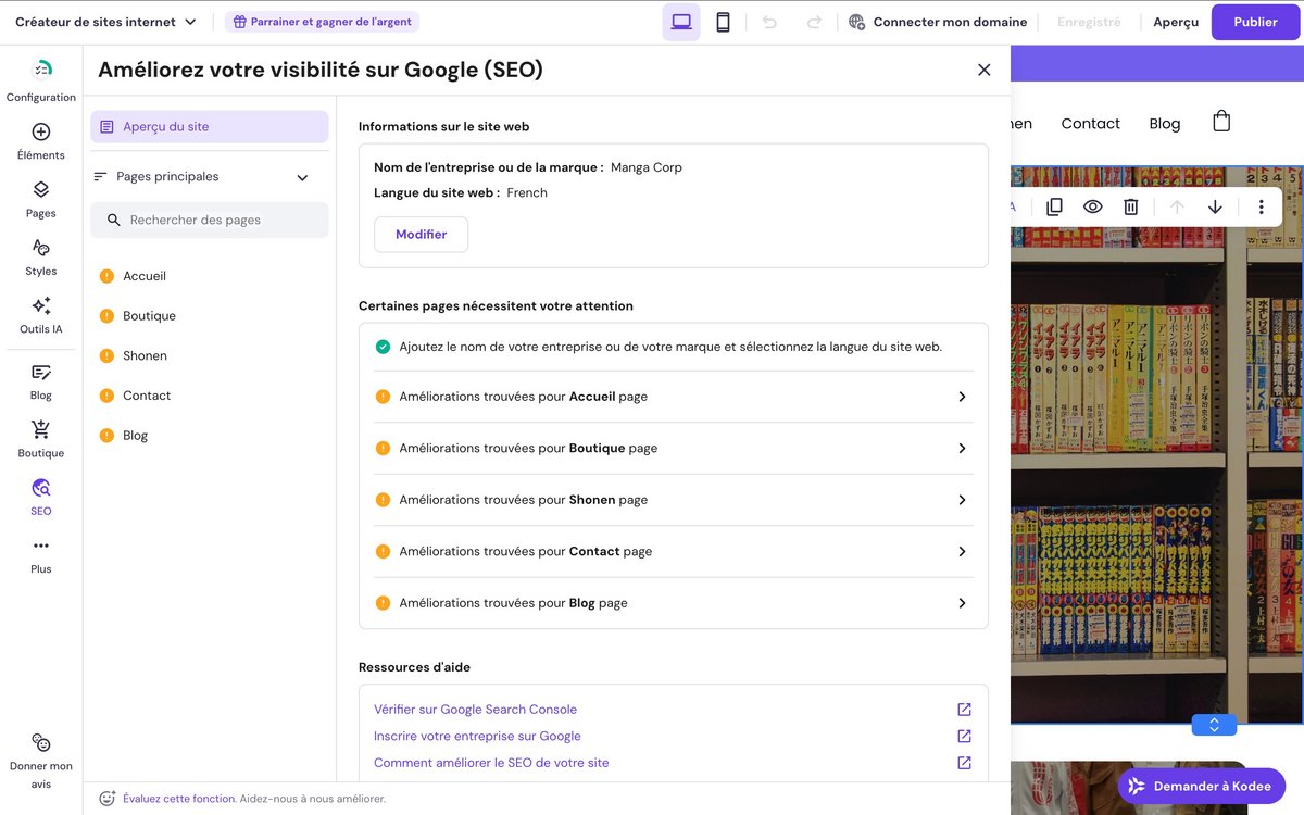 Créateur de sites web Hostinger - Modification des paramètres de référencement. ©Hostinger