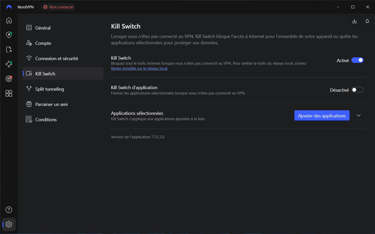 NordVPN - Le kill switch et le kill switch d'application. © Clubic