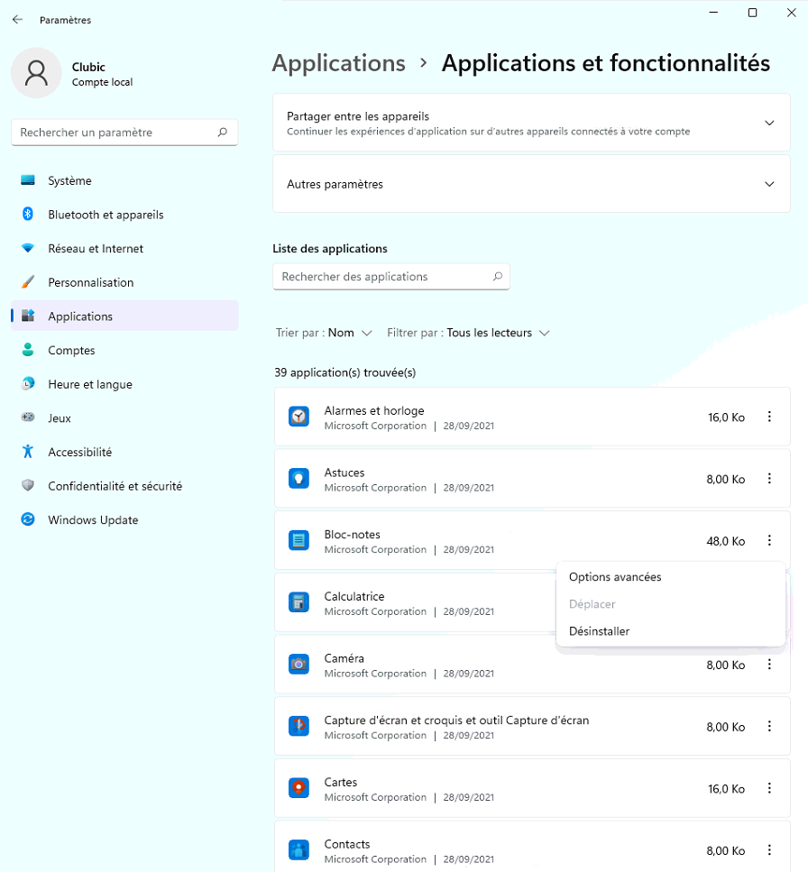 Désinstallation d'une application via les paramètres