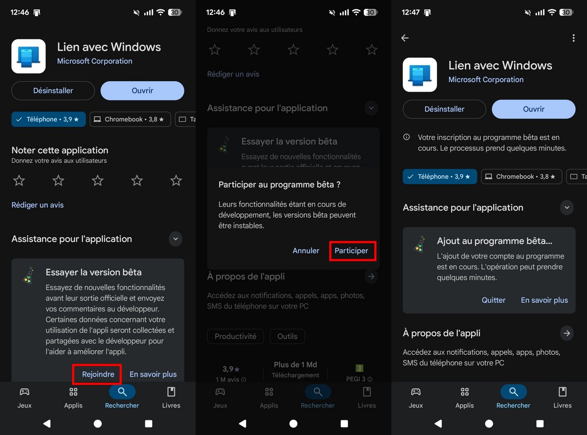 Rejoignez le programme beta de Lien avec Windows dans le Play Store. © Clubic