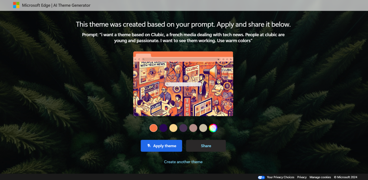 Une fois le thème généré, vous pouvez l'appliquer à votre navigateur, le partager sur les réseaux sociaux, ou recommencer © Clubic