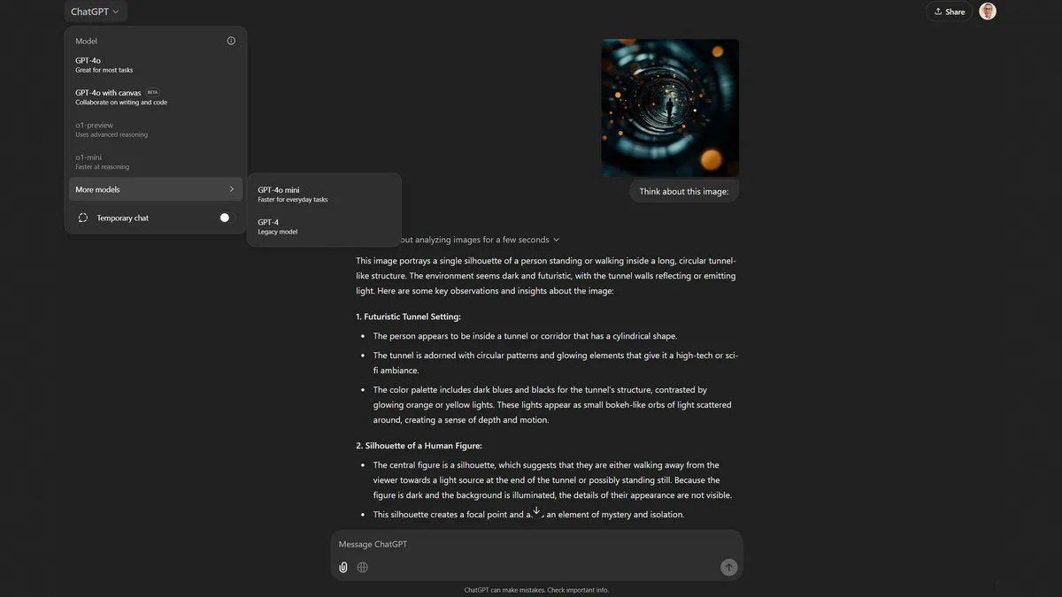 ChatGPT o1 analysant une image artistique d'un tunnel futuriste avec une silhouette solitaire, montrant les différents modèles disponibles dans le menu de gauche. © Kol Tregaskes sur X