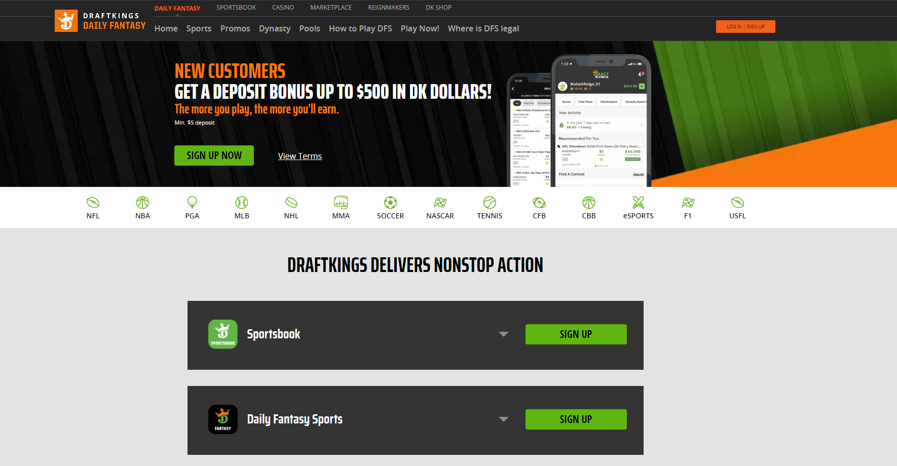 Page d'accueil du site DraftKings © DraftKings, Inc.