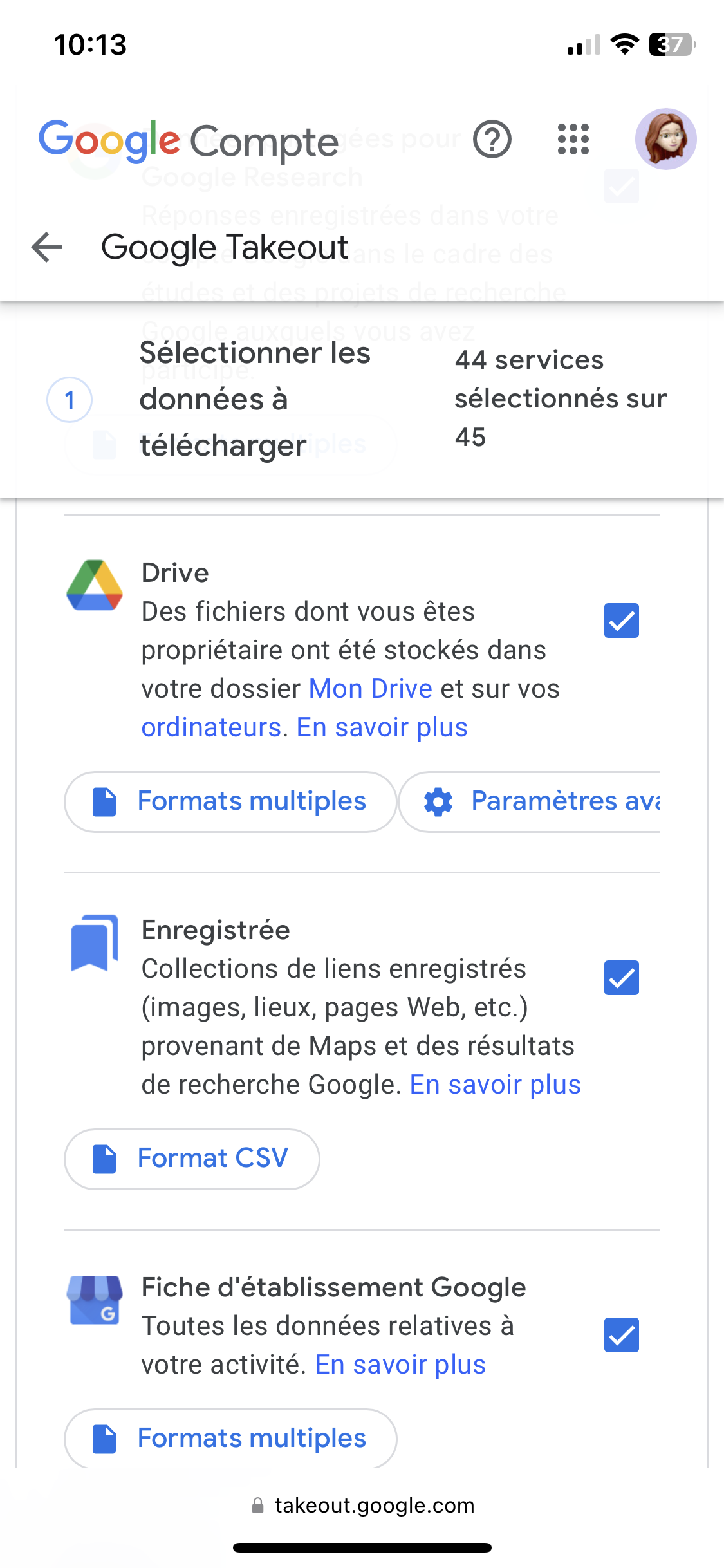 Google Takeout - aperçu des services